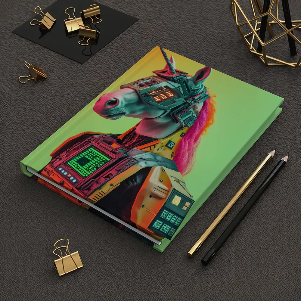 Cyberpunk Unicorn Robot Warrior Green Background – Notebooks
