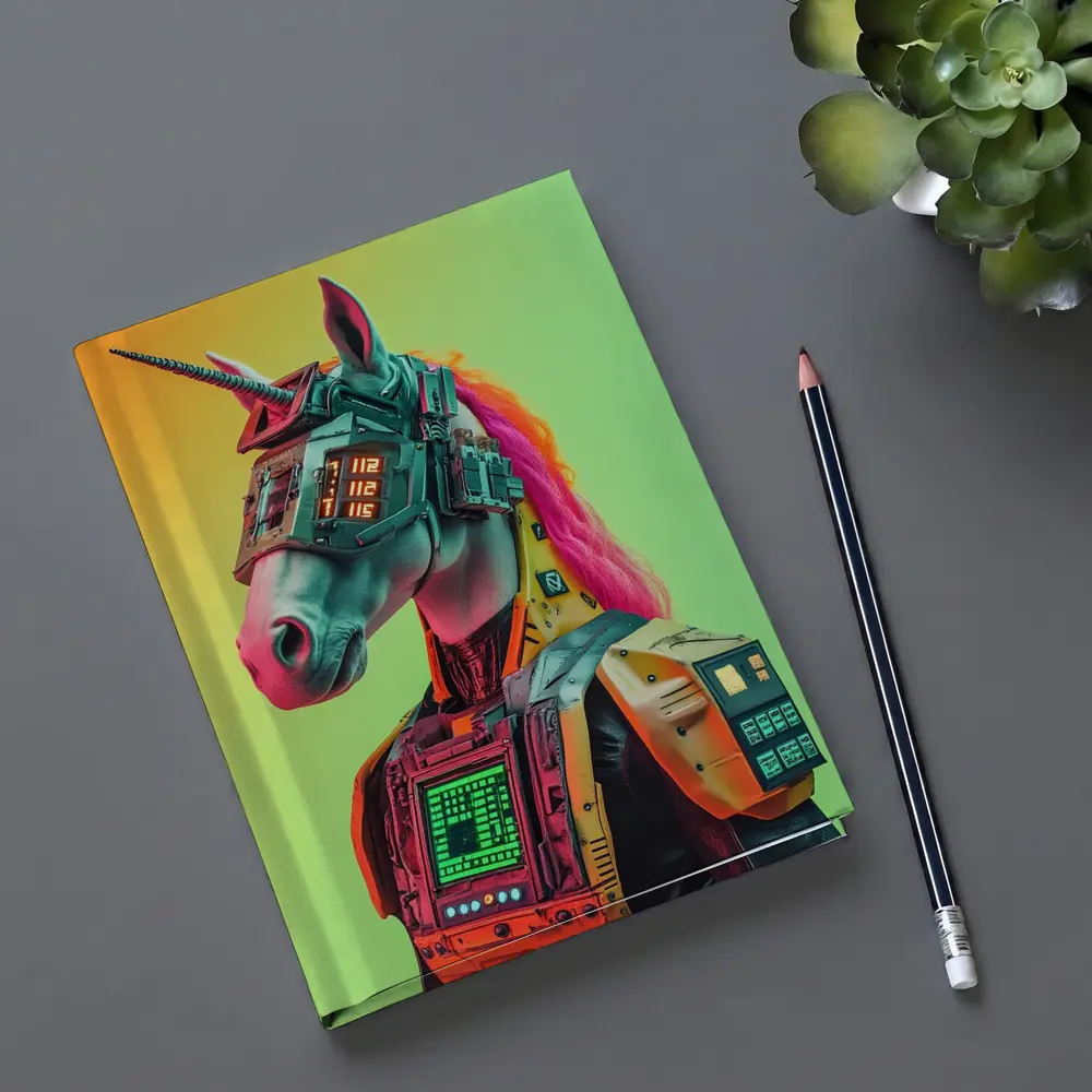 Cyberpunk Unicorn Robot Warrior Green Background – Notebooks