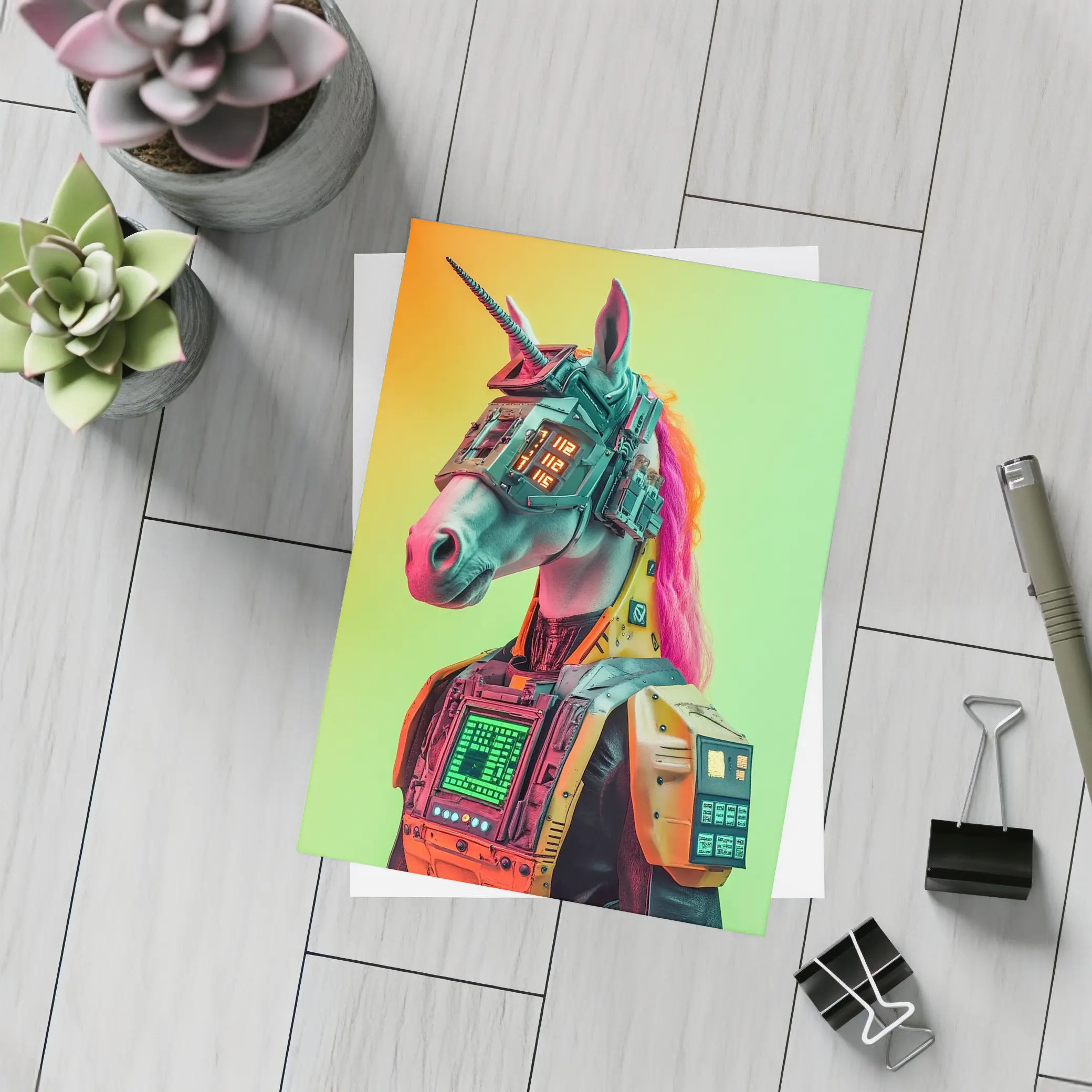 Cyberpunk Unicorn Robot Warrior Green Background – Postcards
