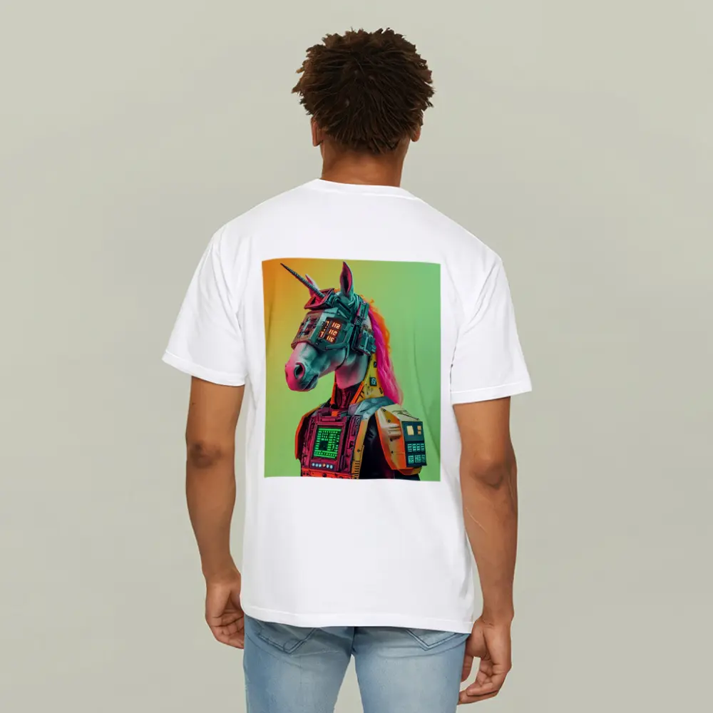 Cyberpunk Unicorn Robot Warrior Green Background – T-Shirts