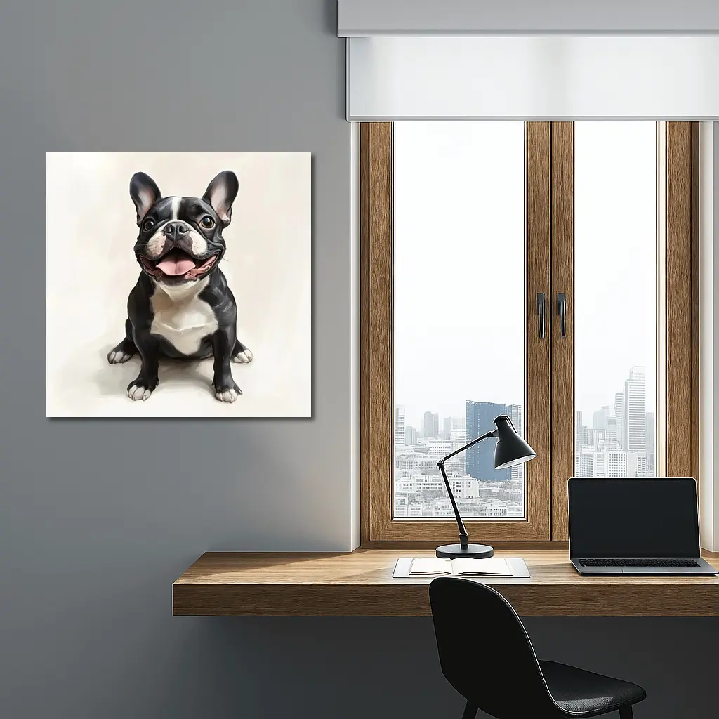 Happy French Bulldog Portrait on Beige Background – Wall Art
