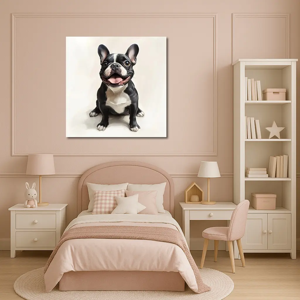 Happy French Bulldog Portrait on Beige Background – Wall Art