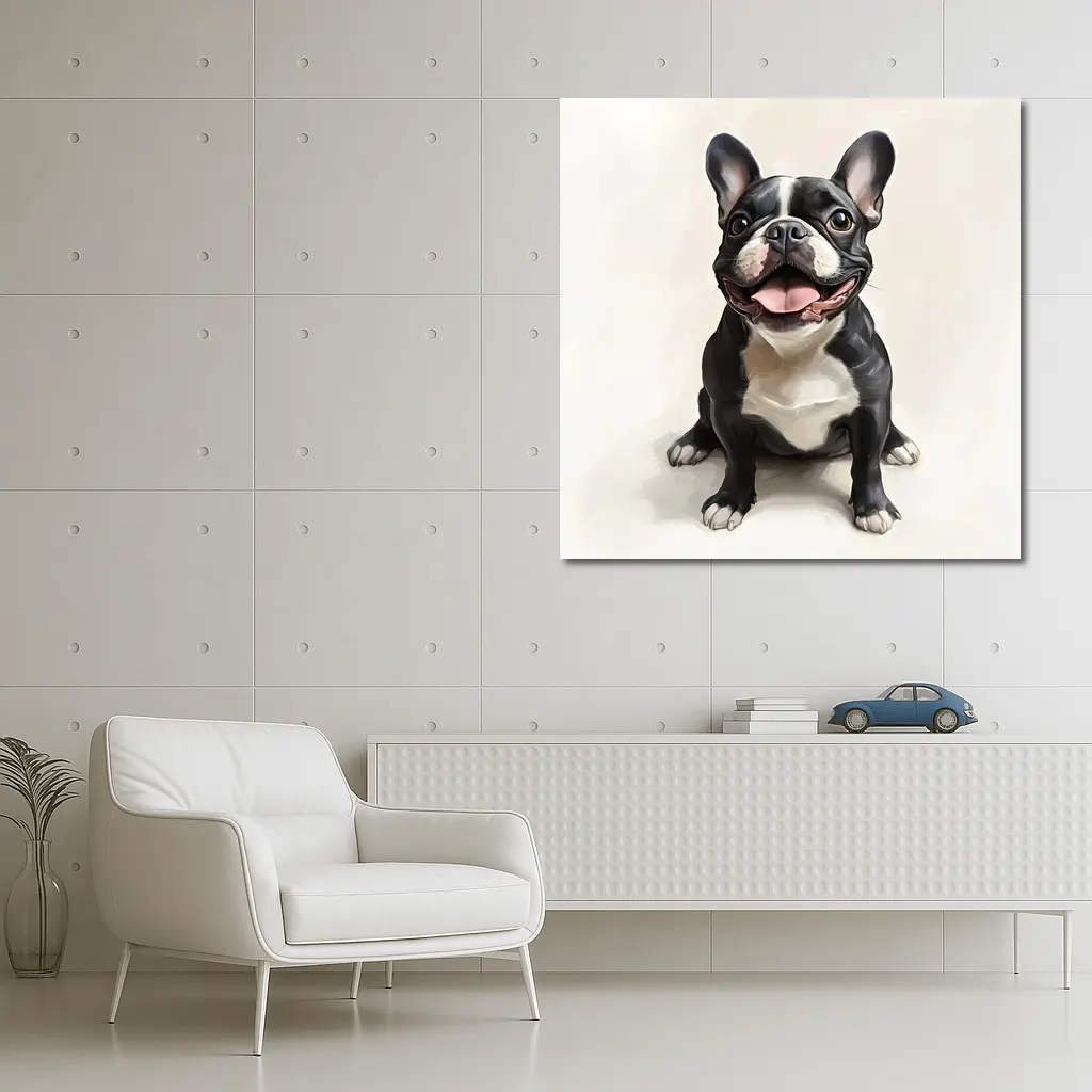 Happy French Bulldog Portrait on Beige Background – Wall Art