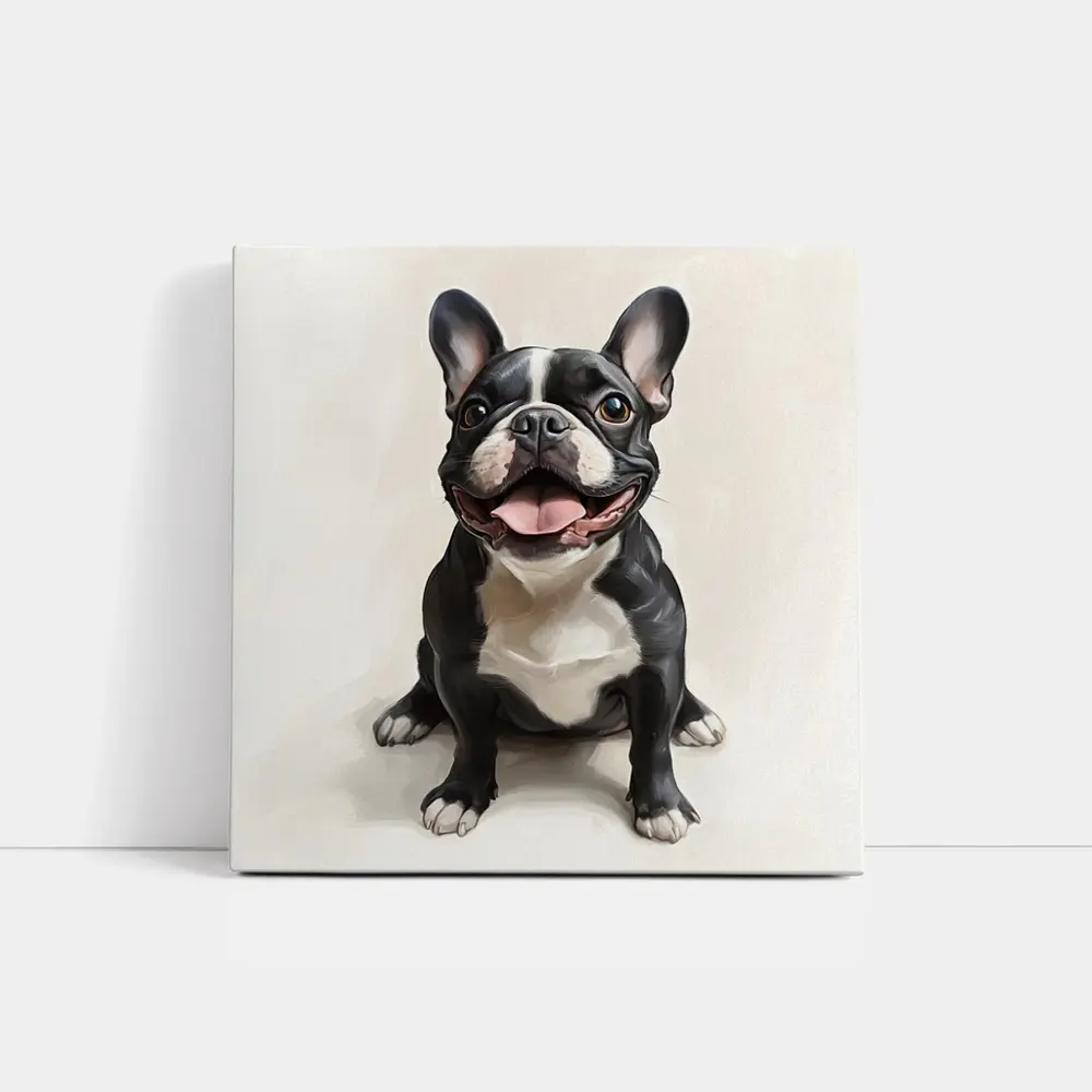 Happy French Bulldog Portrait on Beige Background – Wall Art