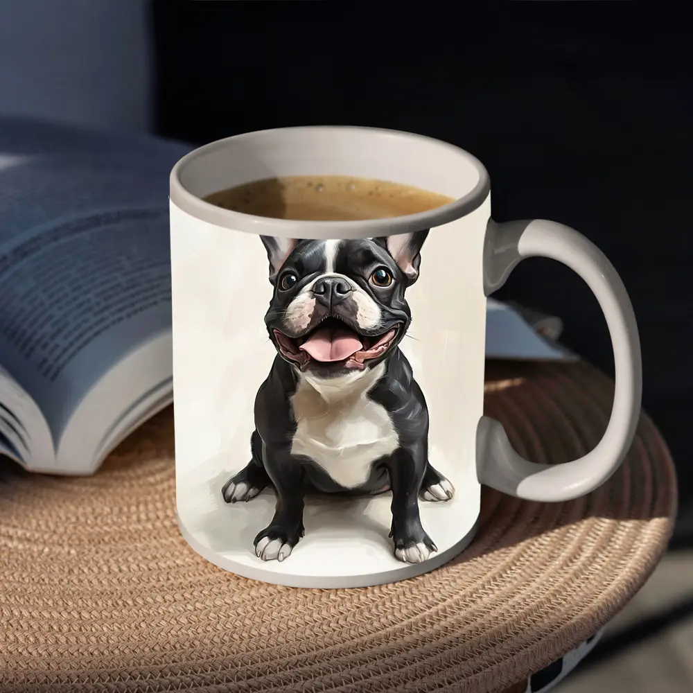 Happy French Bulldog Portrait on Beige Background – Mugs