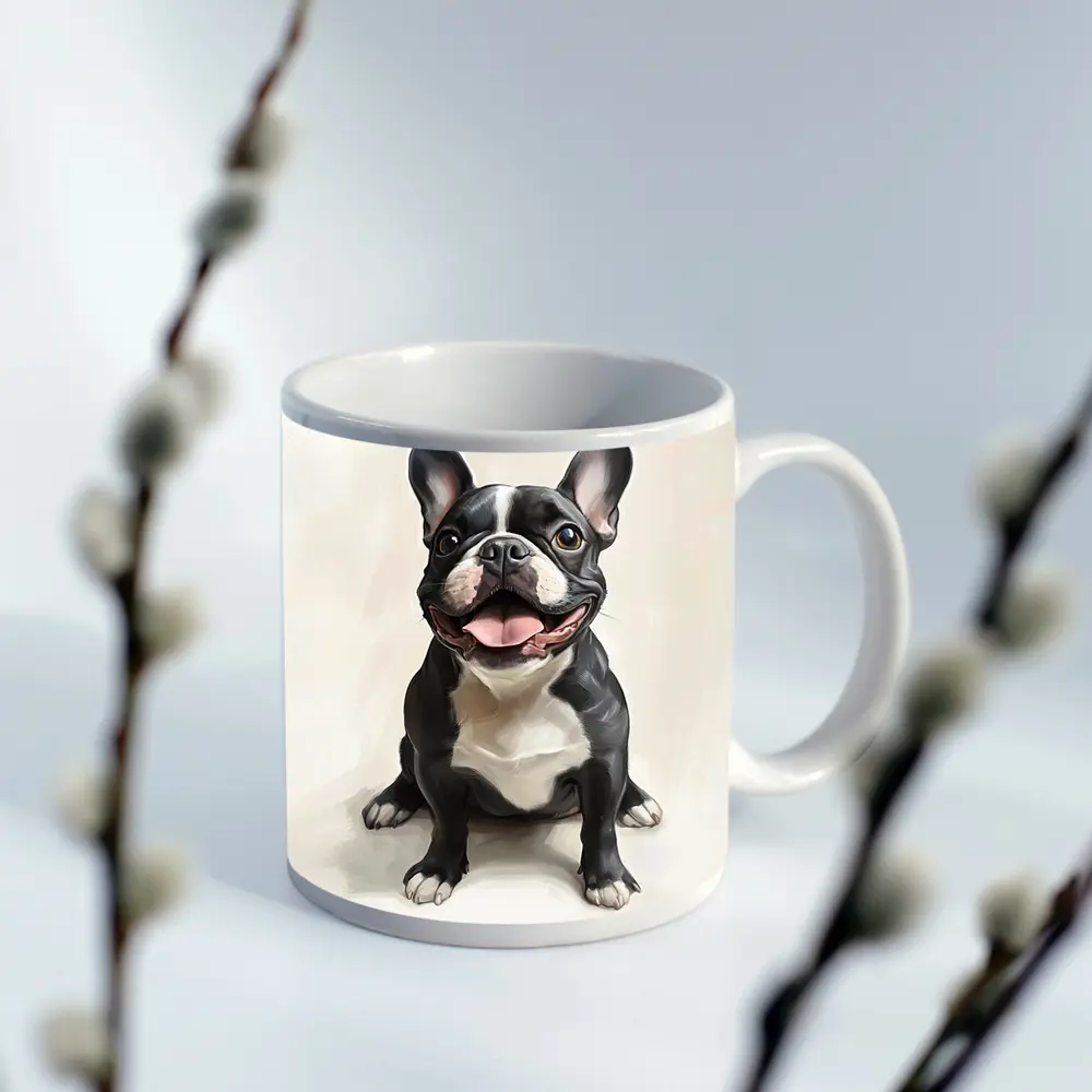 Happy French Bulldog Portrait on Beige Background – Mugs