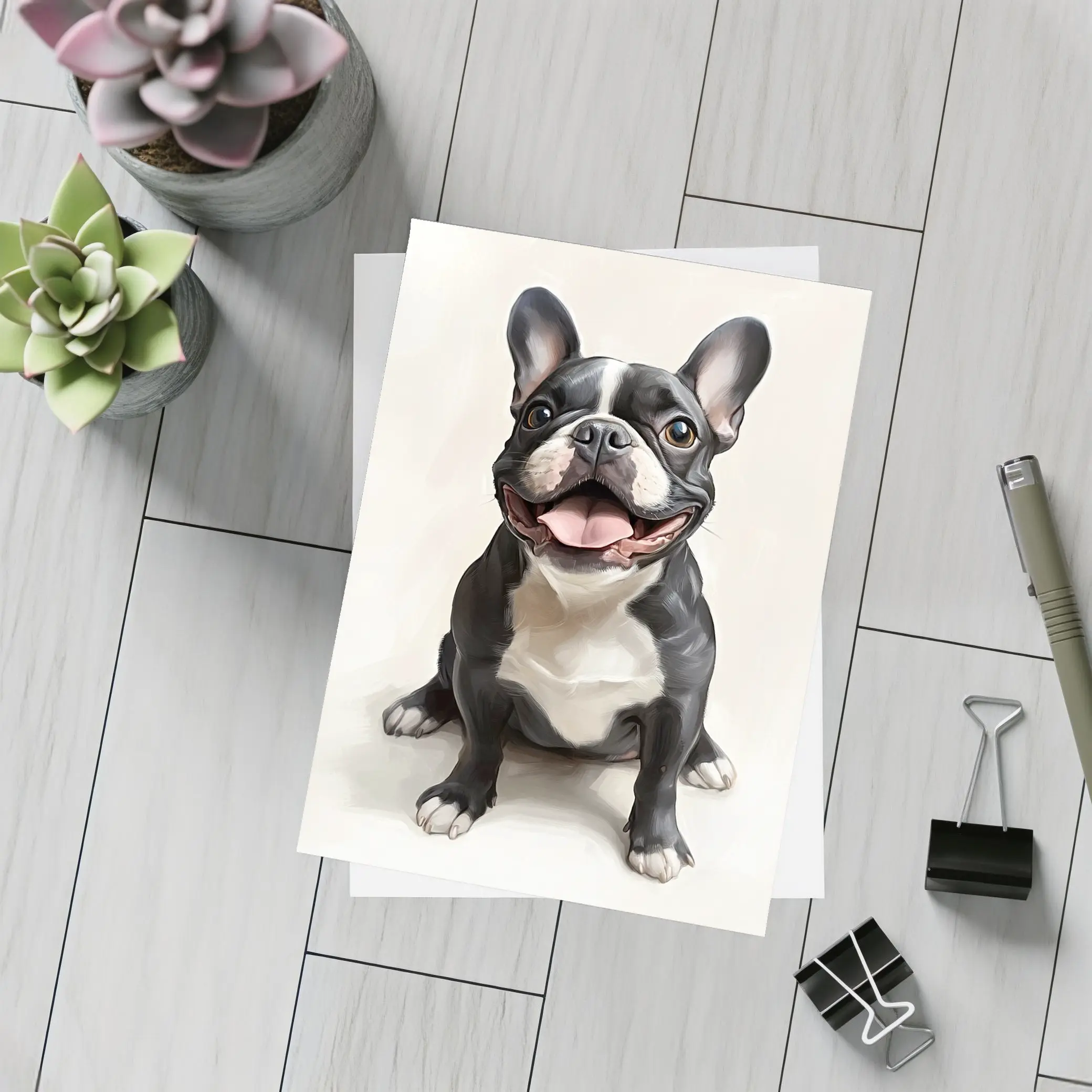 Happy French Bulldog Portrait on Beige Background – Postcards