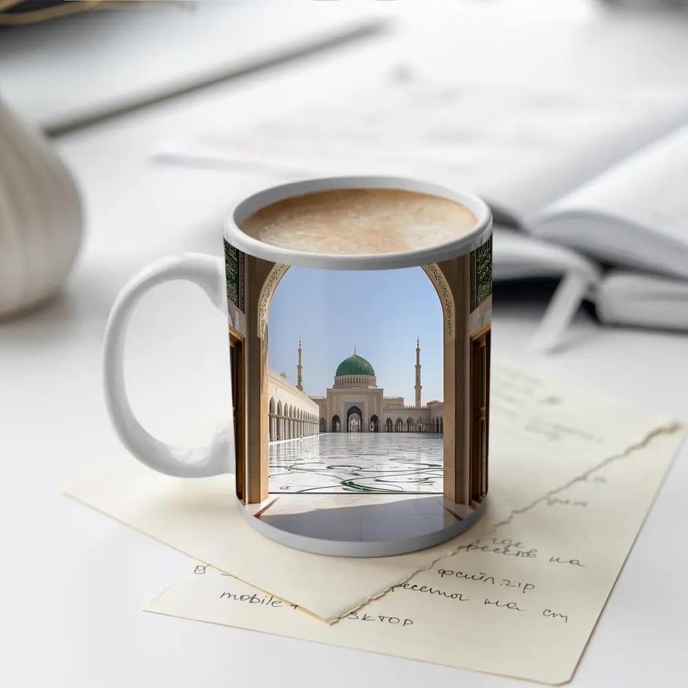 Mosque Green Dome Courtyard Arch View – Mugs