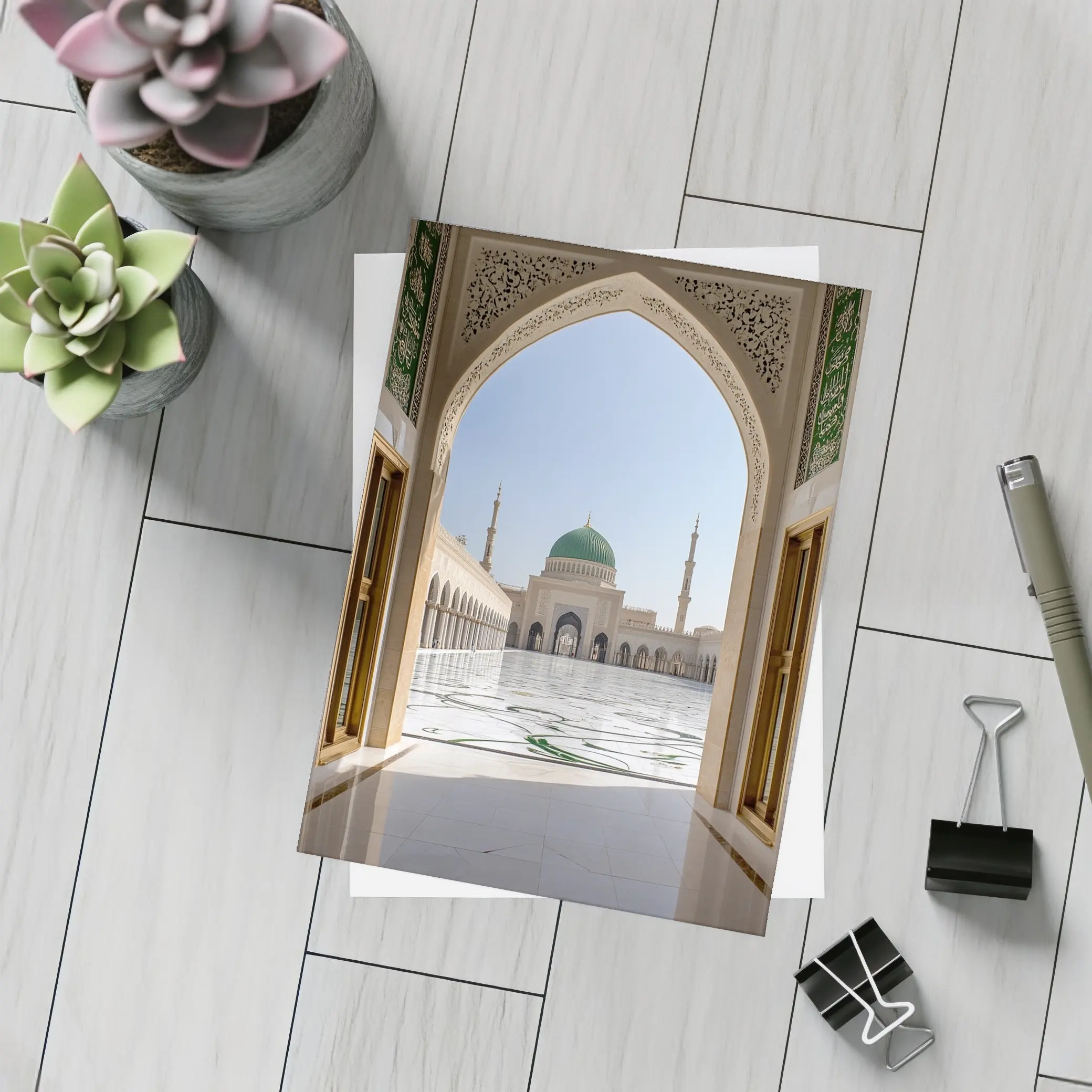 Mosque Green Dome Courtyard Arch View – Postcards