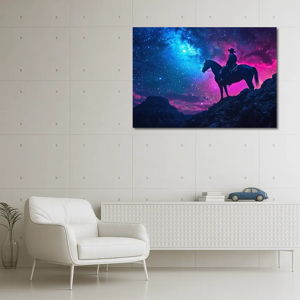 Cowboy Silhouette on Horse Neon Galaxy Sky – Wall Art