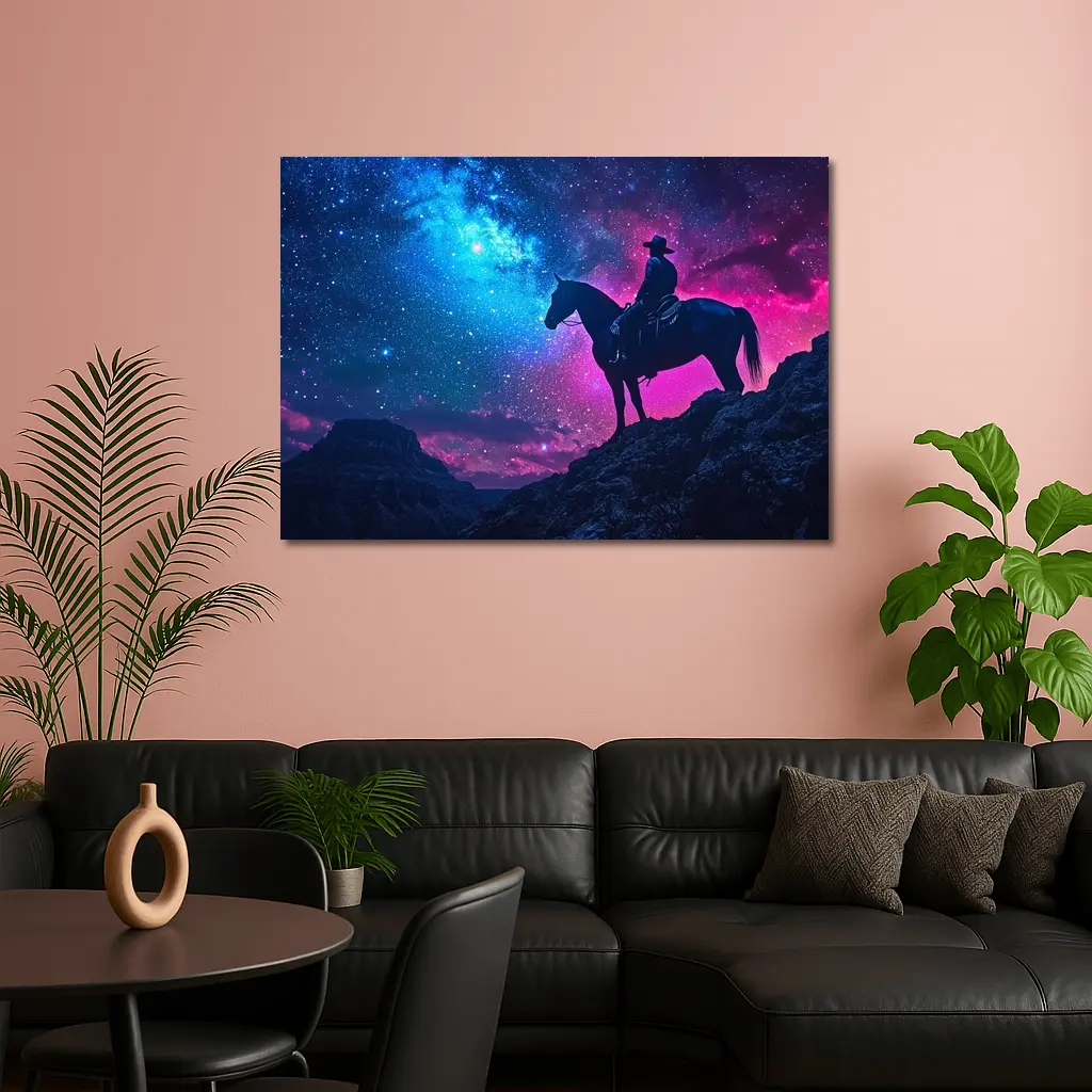 Cowboy Silhouette on Horse Neon Galaxy Sky – Wall Art