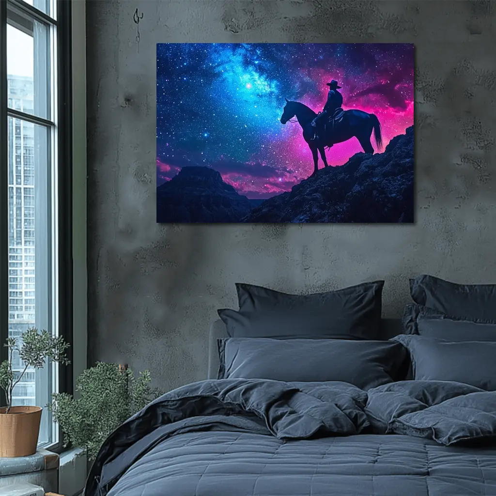 Cowboy Silhouette on Horse Neon Galaxy Sky – Wall Art