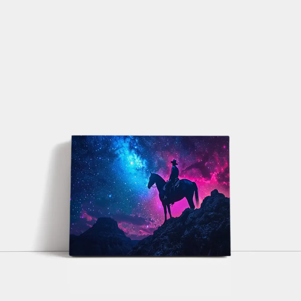 Cowboy Silhouette on Horse Neon Galaxy Sky – Wall Art