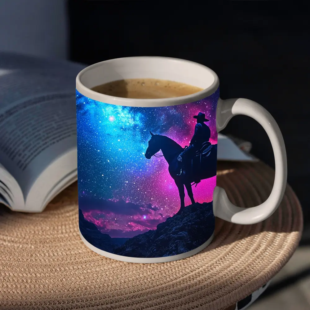 Cowboy Silhouette on Horse Neon Galaxy Sky – Mugs