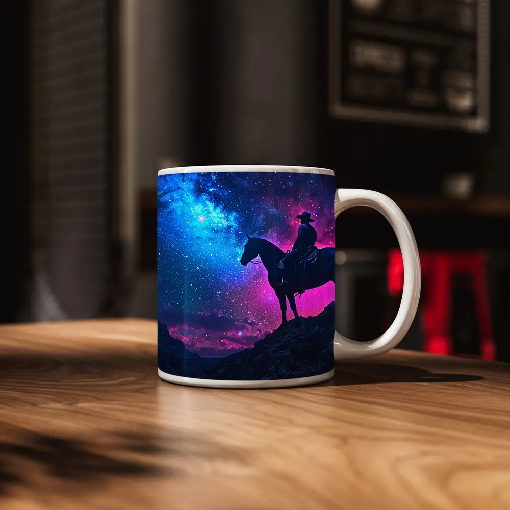 Cowboy Silhouette on Horse Neon Galaxy Sky – Mugs