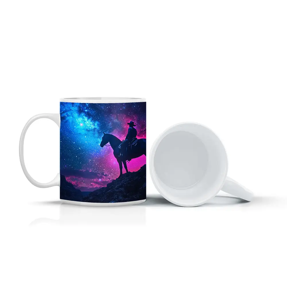 Cowboy Silhouette on Horse Neon Galaxy Sky – Mugs