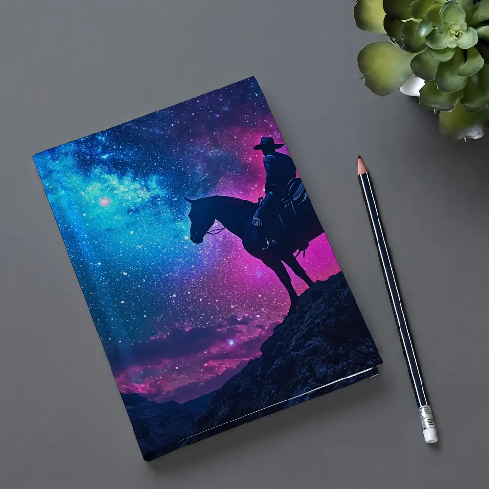 Cowboy Silhouette on Horse Neon Galaxy Sky – Notebooks