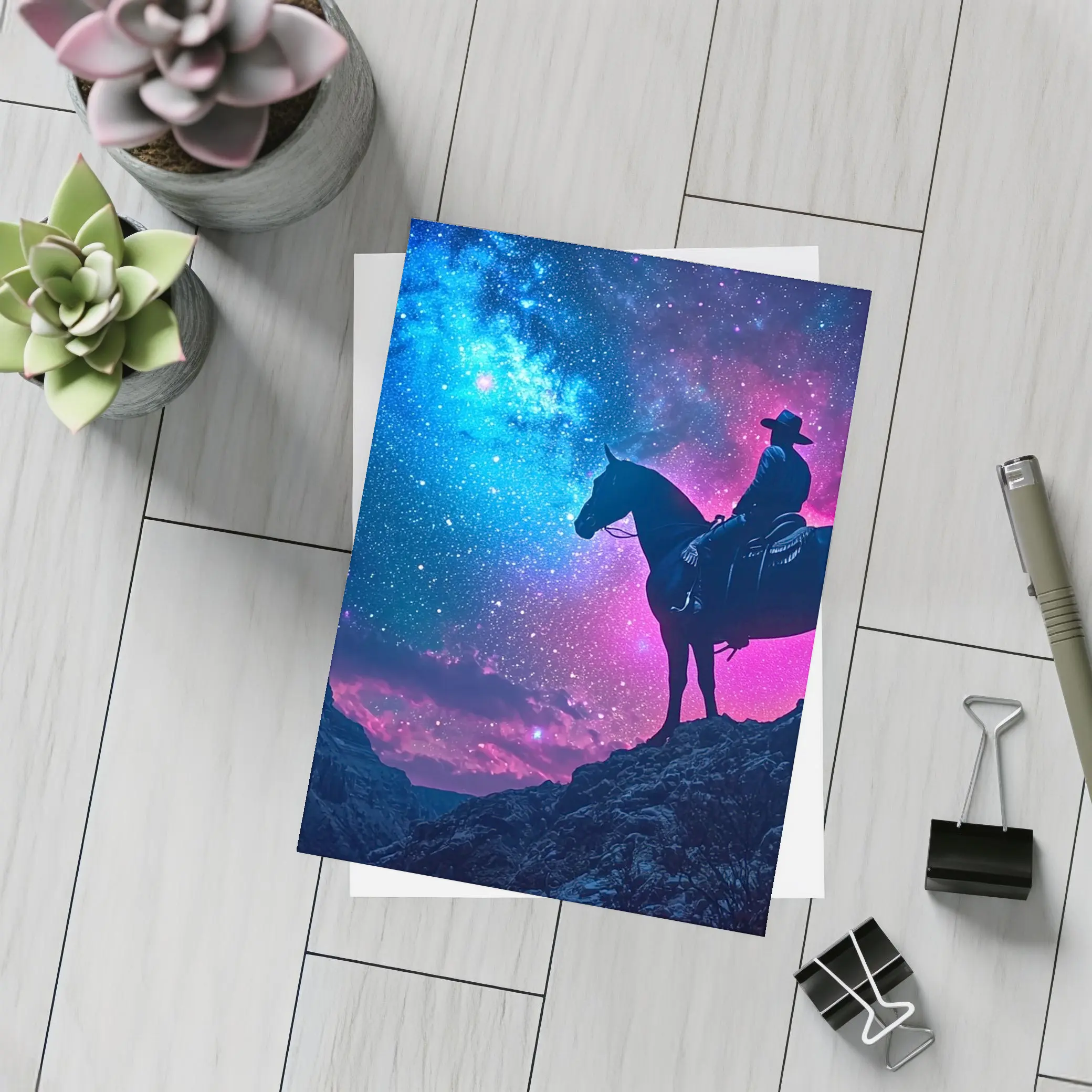 Cowboy Silhouette on Horse Neon Galaxy Sky – Postcards