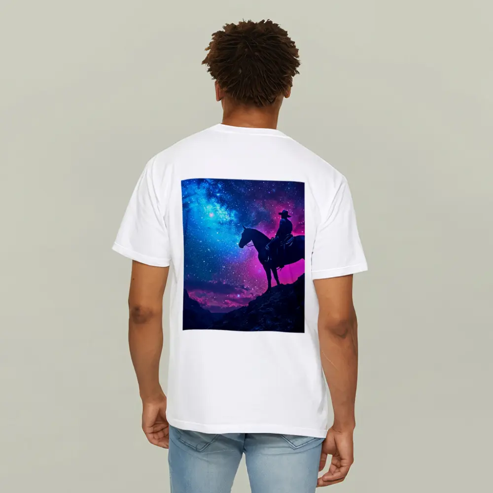 Cowboy Silhouette on Horse Neon Galaxy Sky – T-Shirts