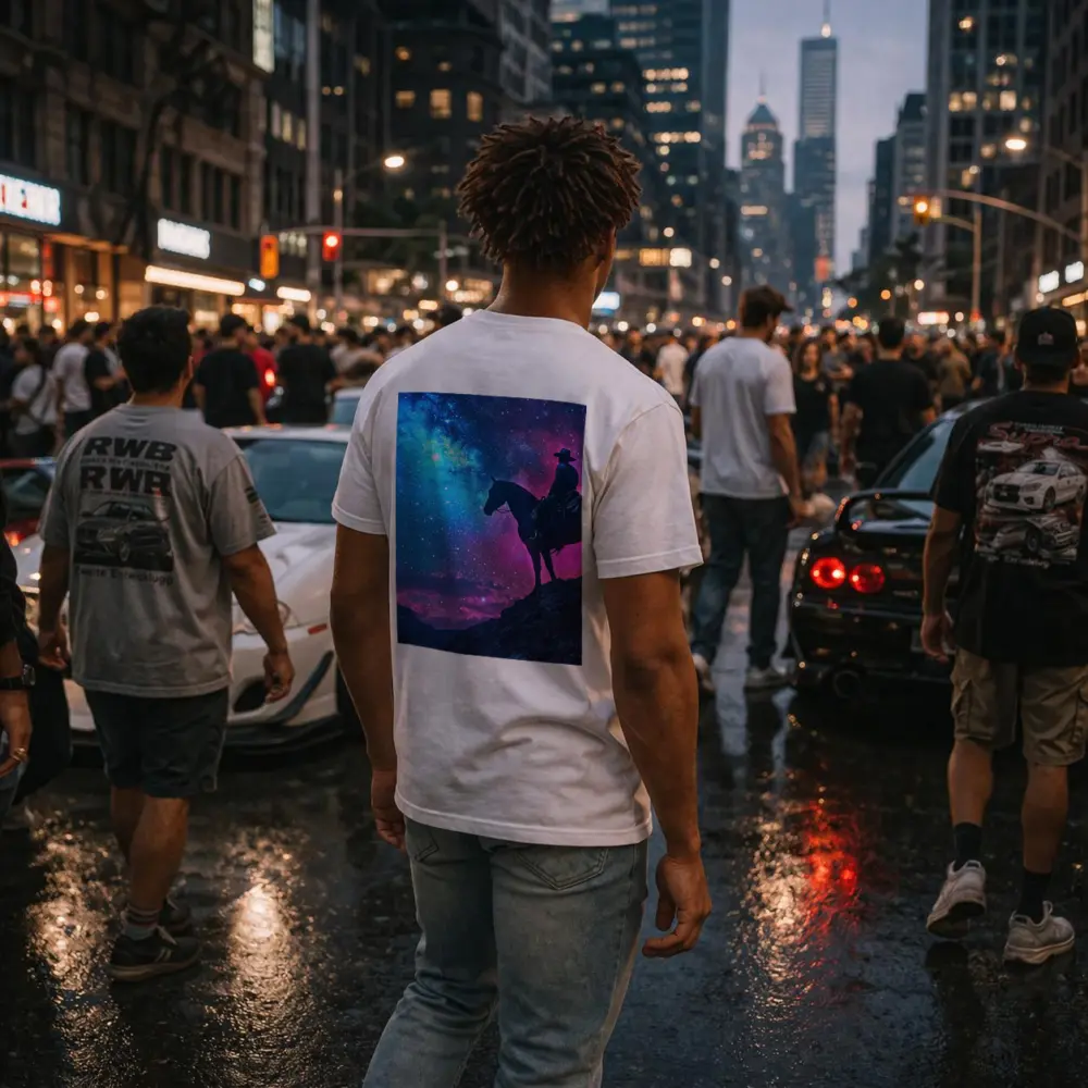 Cowboy Silhouette on Horse Neon Galaxy Sky – T-Shirts