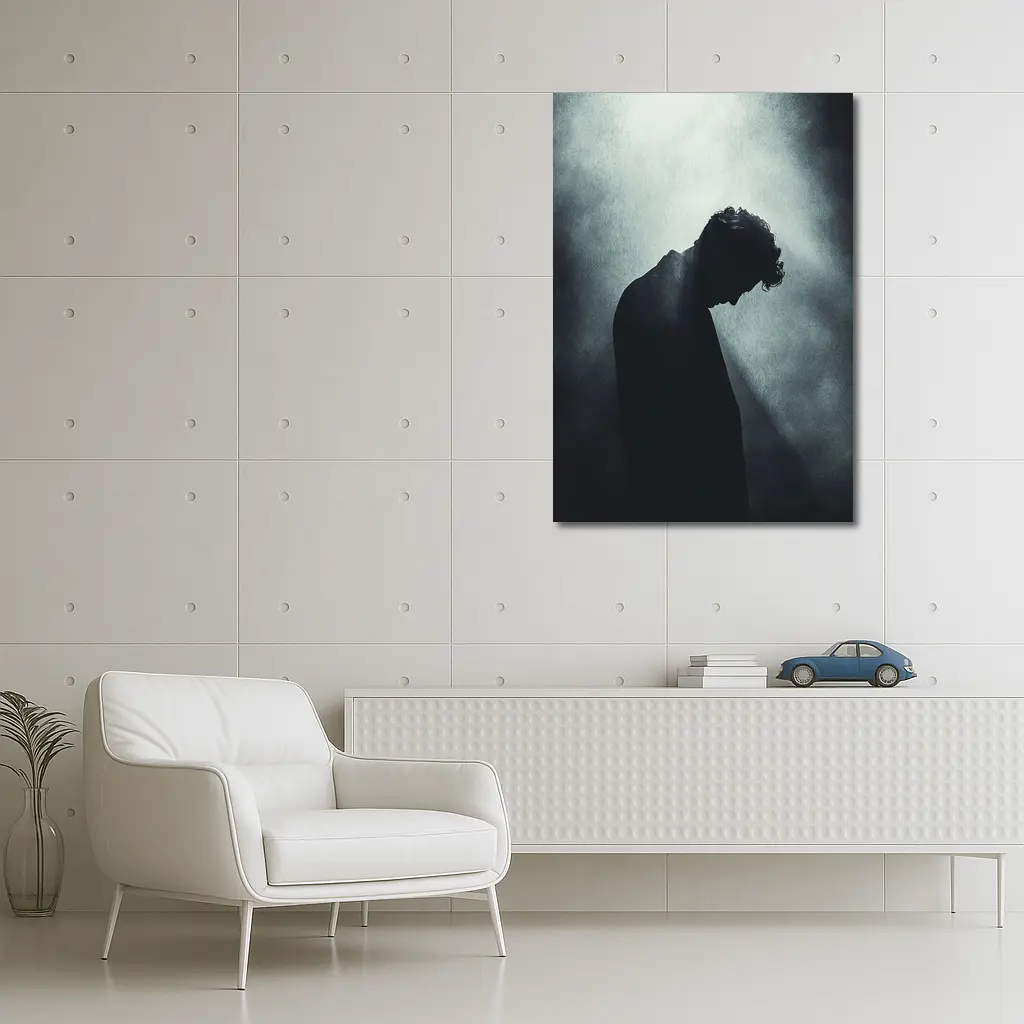 Silhouette Man Head Down Dark Moody Background – Wall Art