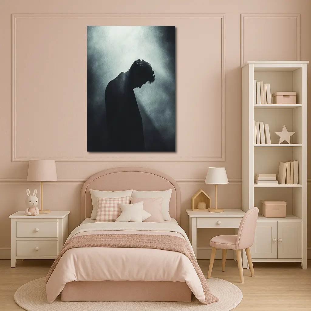 Silhouette Man Head Down Dark Moody Background – Wall Art