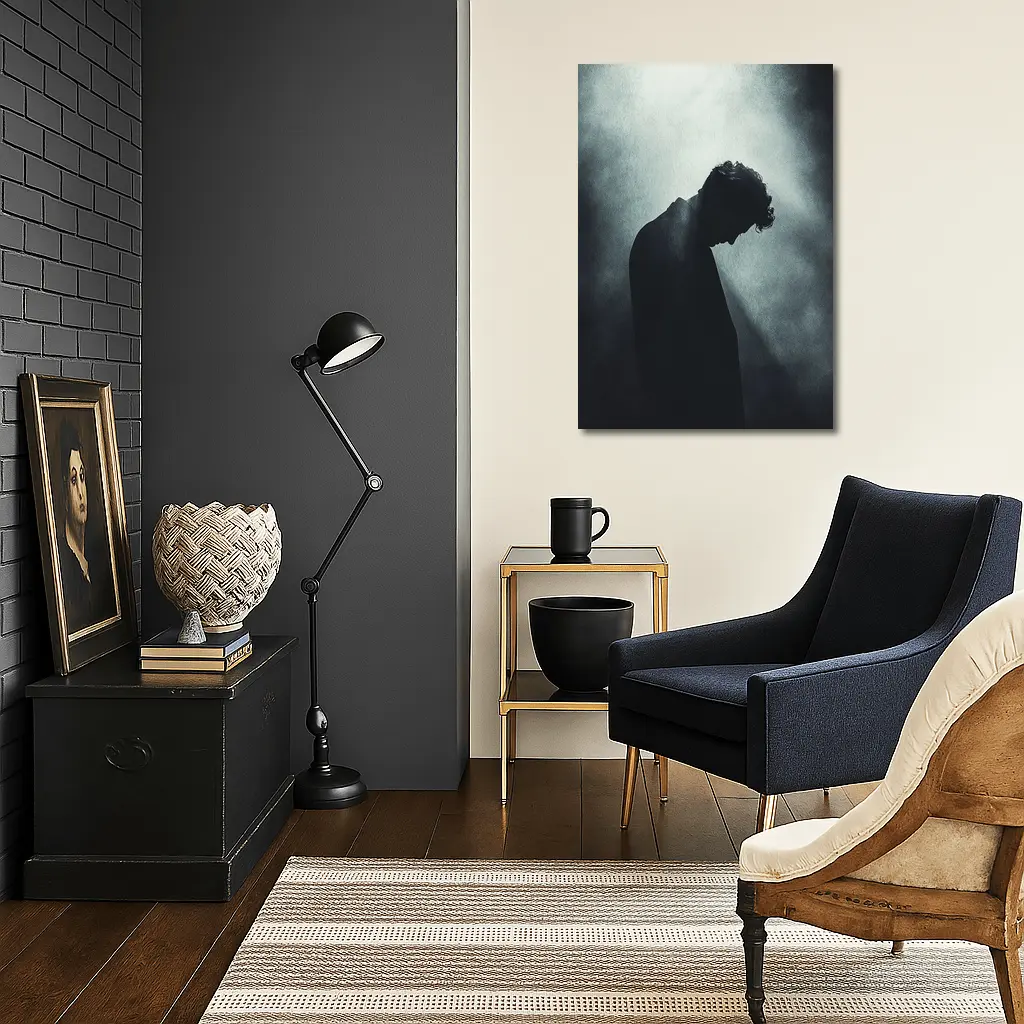 Silhouette Man Head Down Dark Moody Background – Wall Art