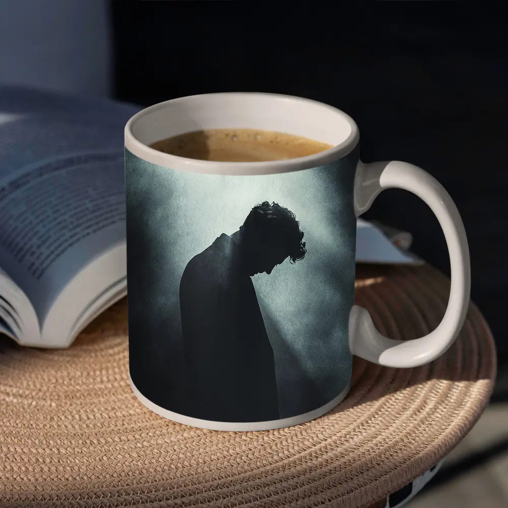 Silhouette Man Head Down Dark Moody Background – Mugs