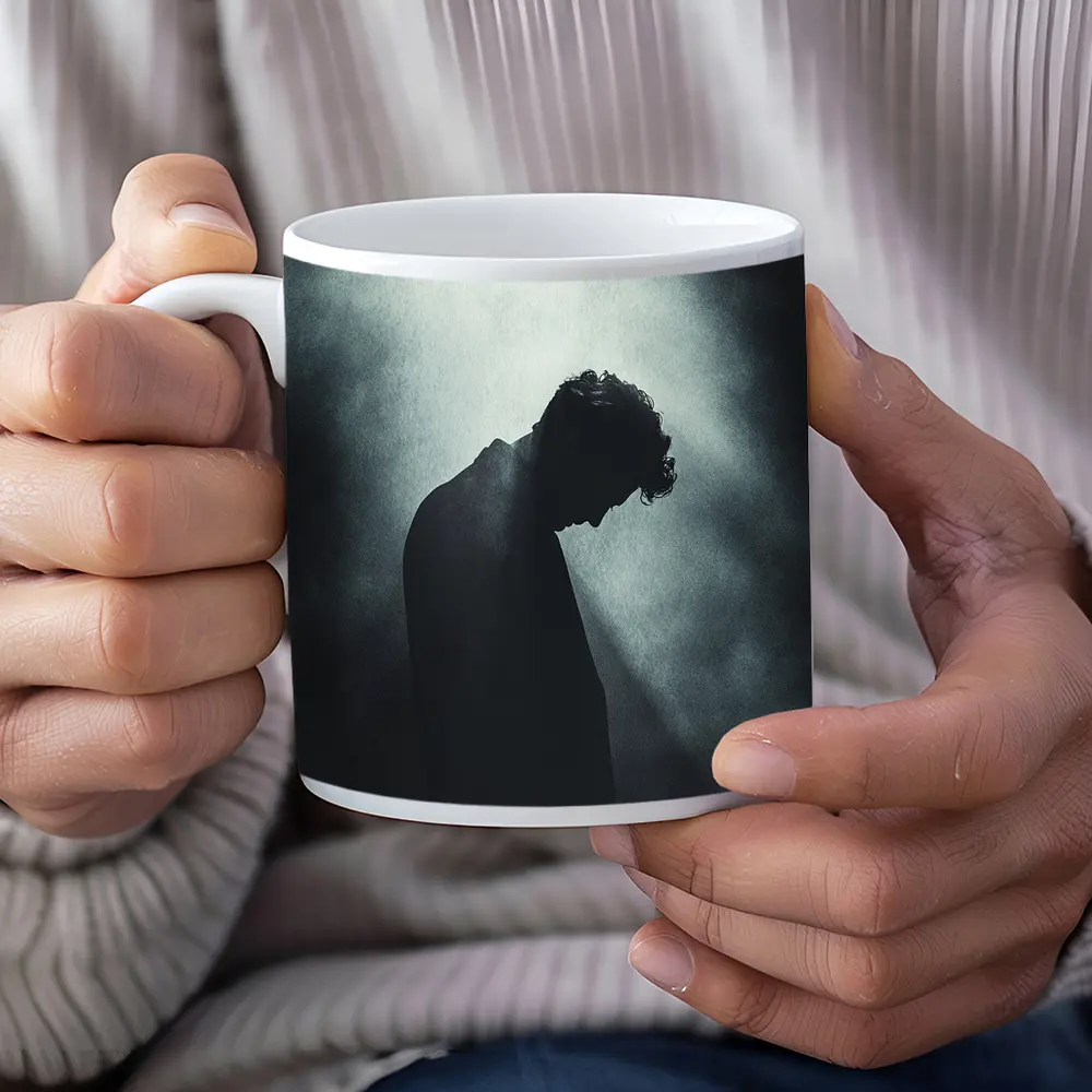 Silhouette Man Head Down Dark Moody Background – Mugs