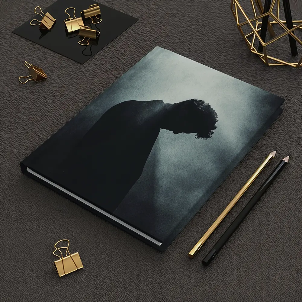 Silhouette Man Head Down Dark Moody Background – Notebooks