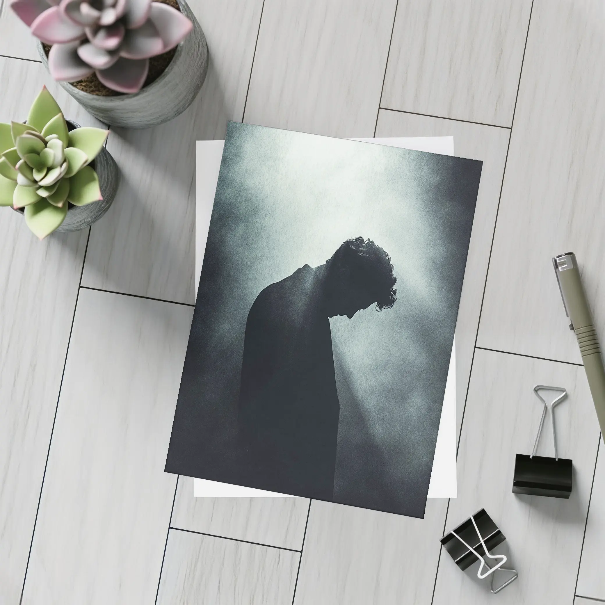 Silhouette Man Head Down Dark Moody Background – Postcards