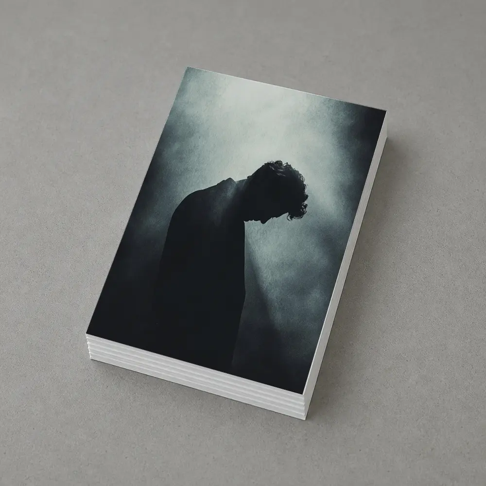 Silhouette Man Head Down Dark Moody Background – Postcards