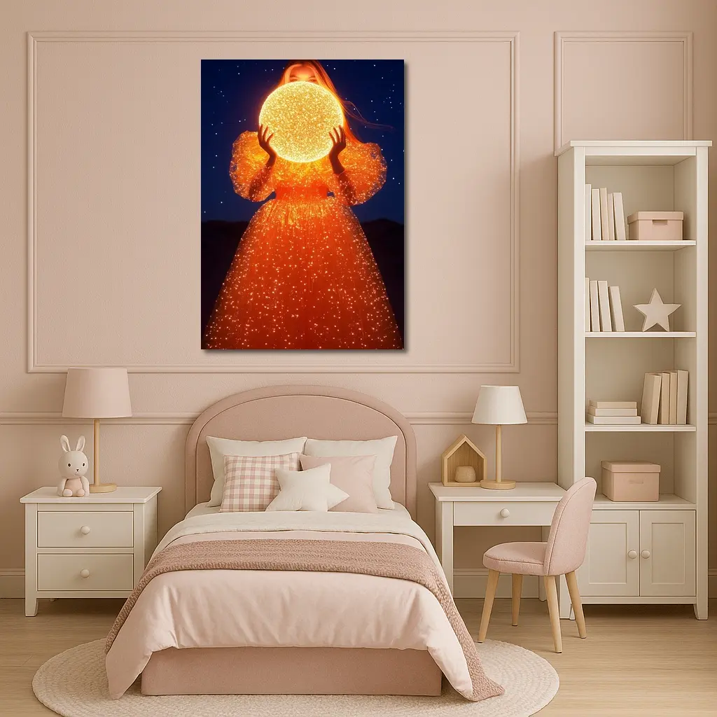 Woman Holding Glowing Orb Starry Night – Wall Art