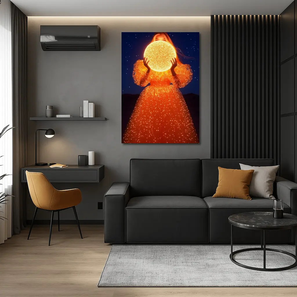 Woman Holding Glowing Orb Starry Night – Wall Art