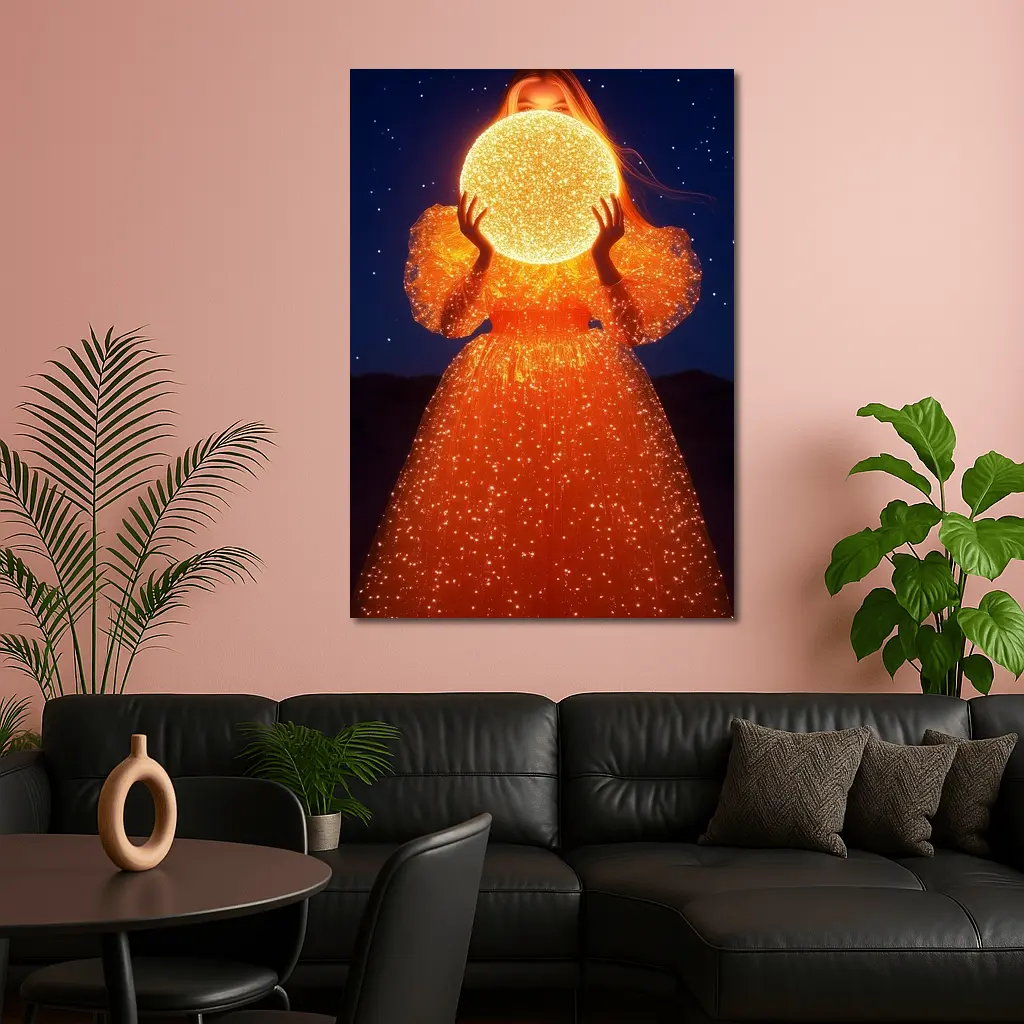 Woman Holding Glowing Orb Starry Night – Wall Art