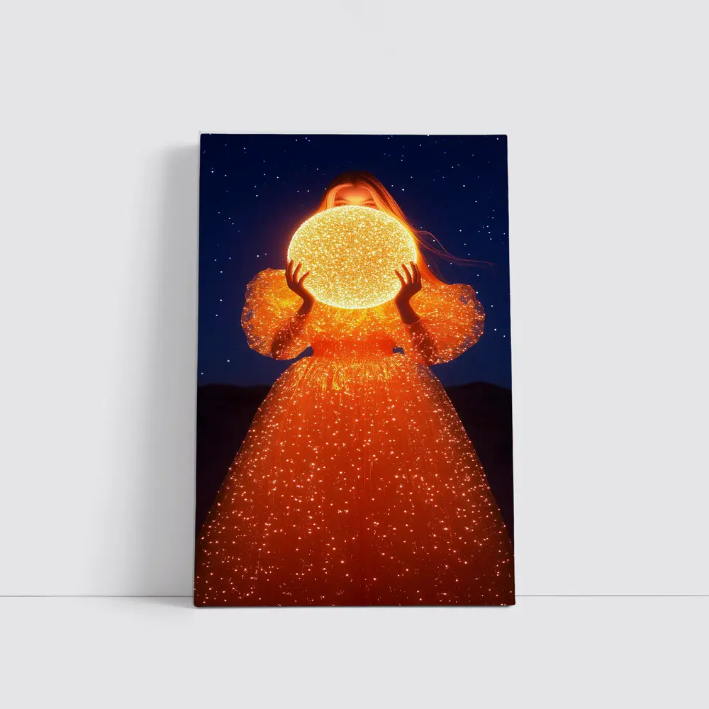 Woman Holding Glowing Orb Starry Night – Wall Art