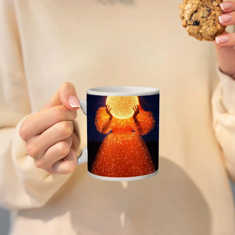 Woman Holding Glowing Orb Starry Night – Mugs