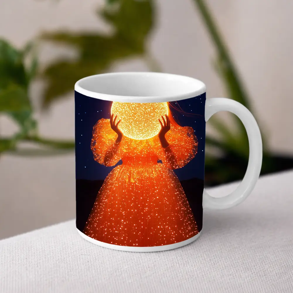 Woman Holding Glowing Orb Starry Night – Mugs