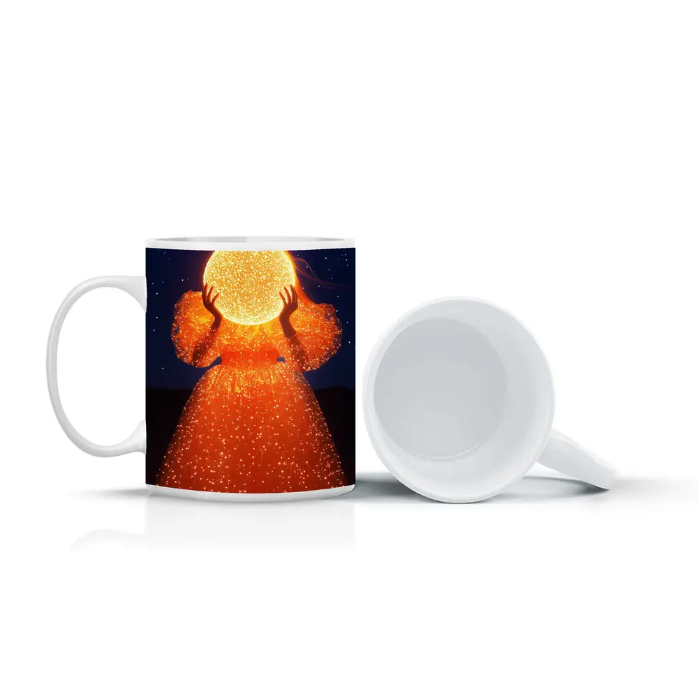 Woman Holding Glowing Orb Starry Night – Mugs