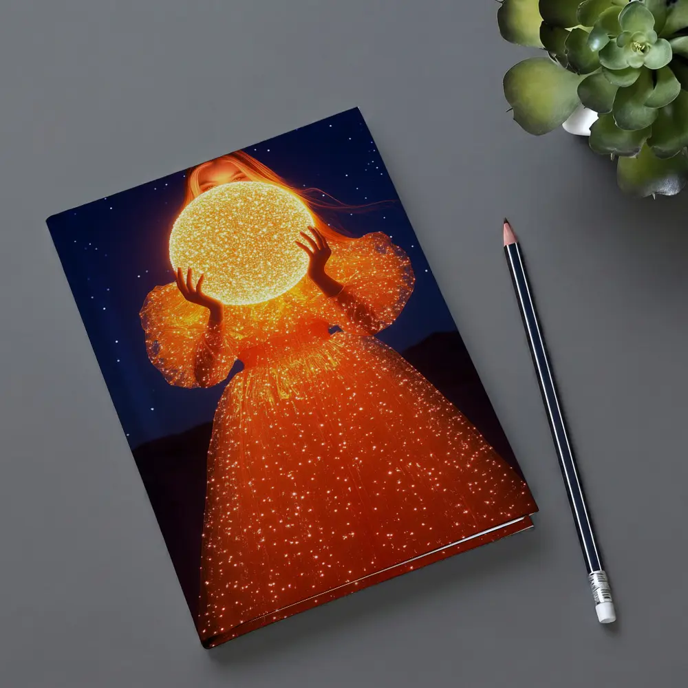 Woman Holding Glowing Orb Starry Night – Notebooks