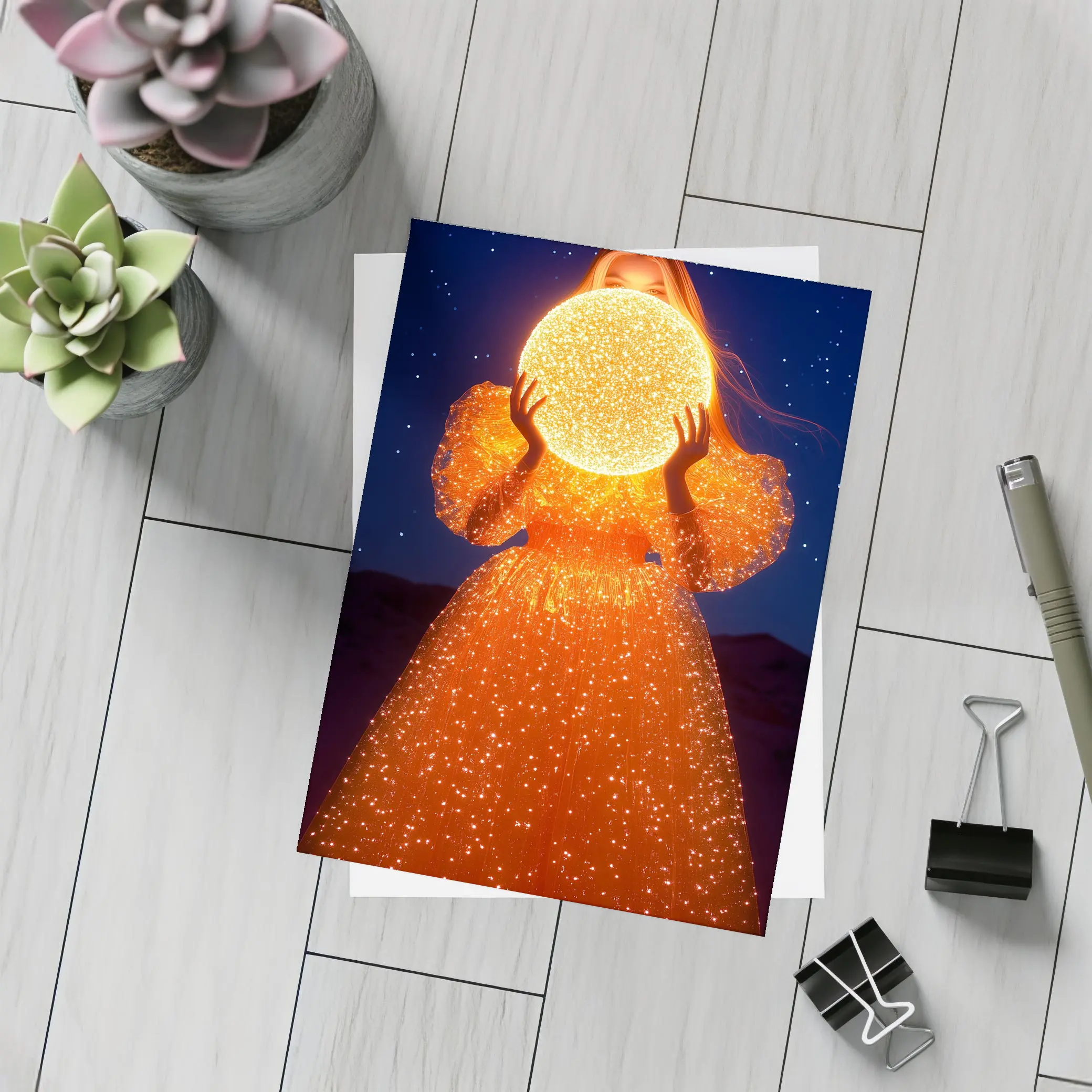 Woman Holding Glowing Orb Starry Night – Postcards