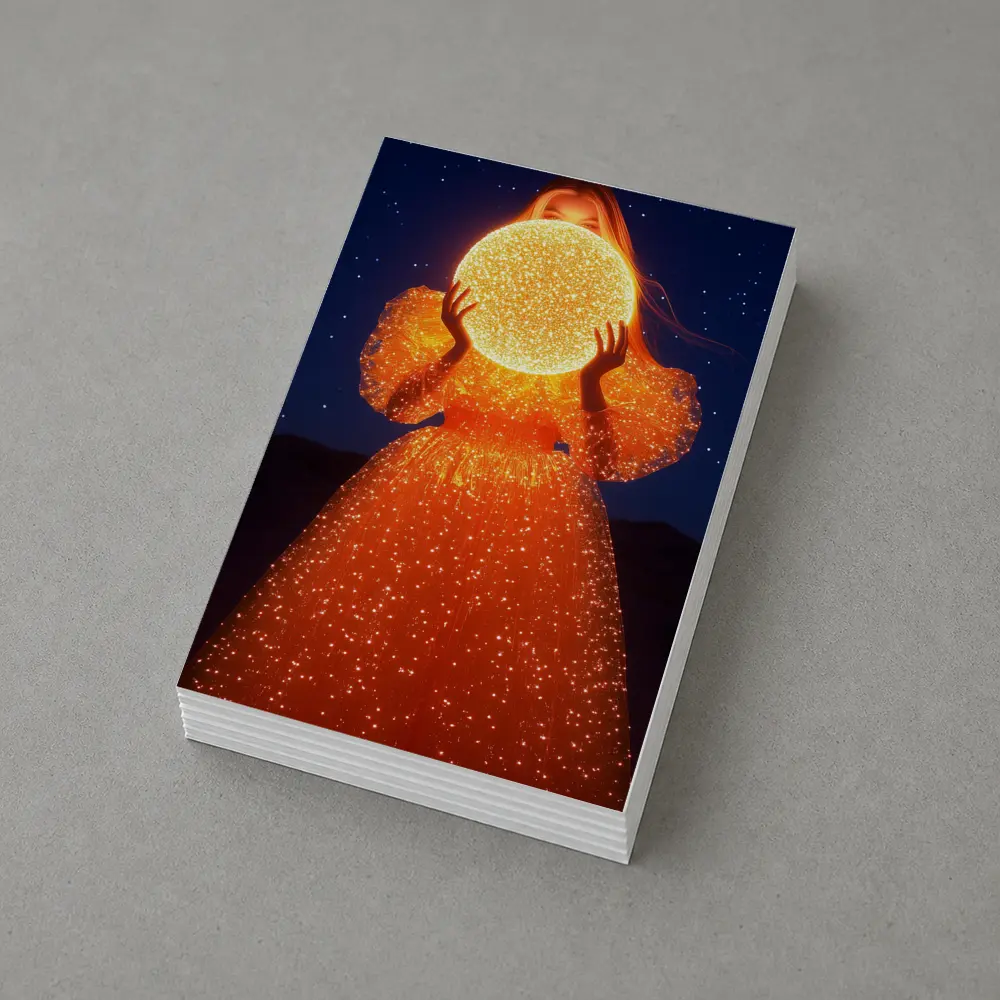 Woman Holding Glowing Orb Starry Night – Postcards
