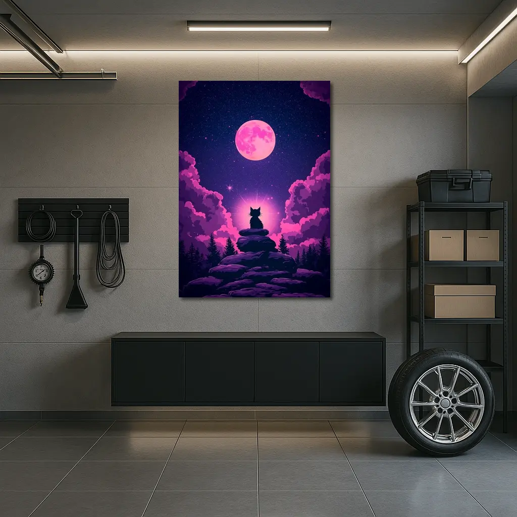 Cat Silhouette Pink Moon Night Sky – Wall Art