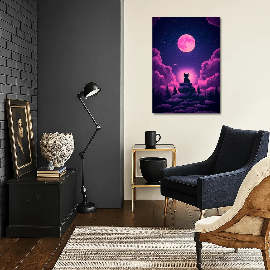 Cat Silhouette Pink Moon Night Sky – Wall Art