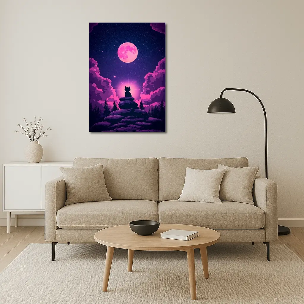 Cat Silhouette Pink Moon Night Sky – Wall Art