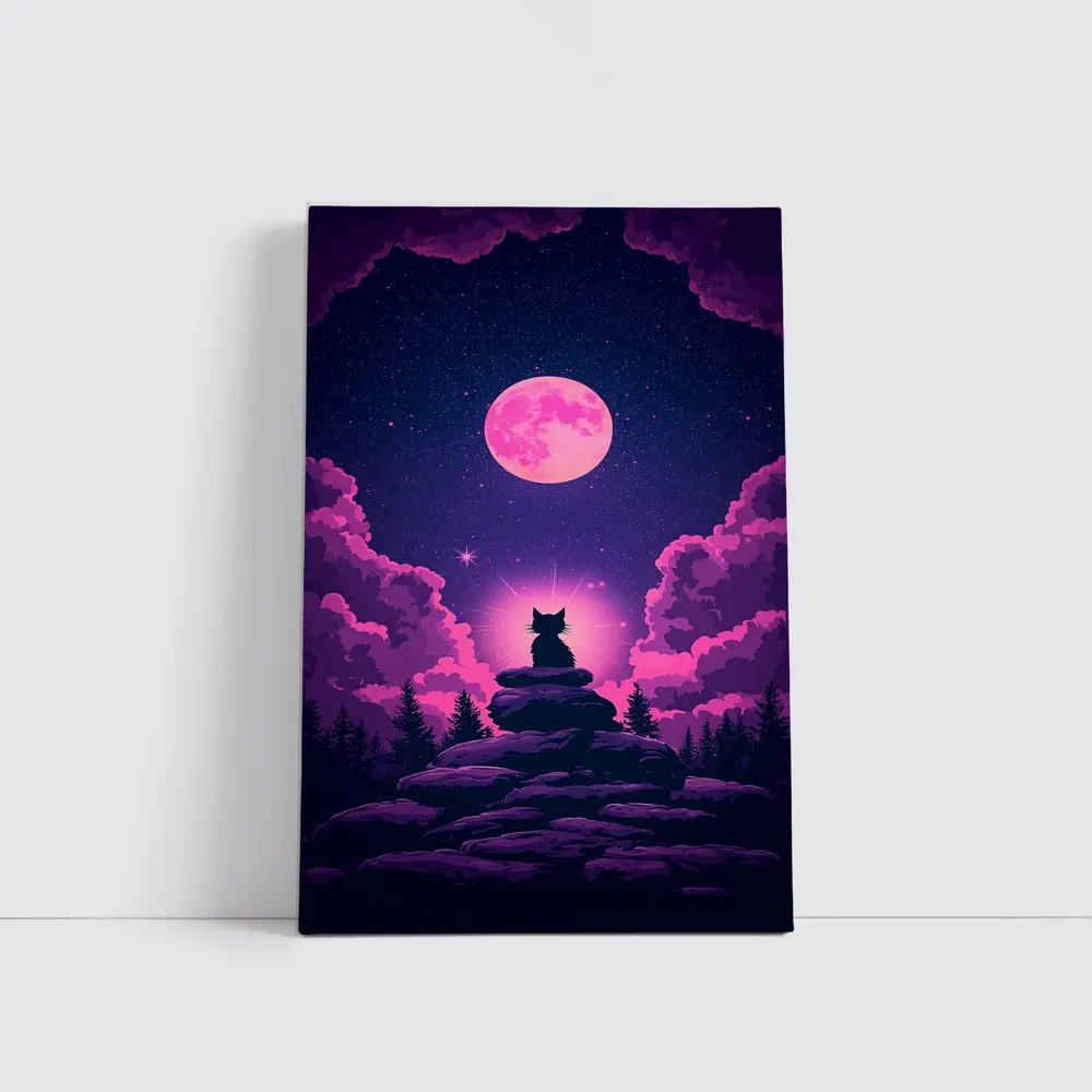 Cat Silhouette Pink Moon Night Sky – Wall Art