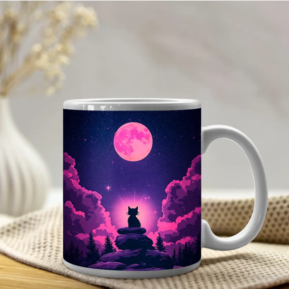 Cat Silhouette Pink Moon Night Sky – Mugs