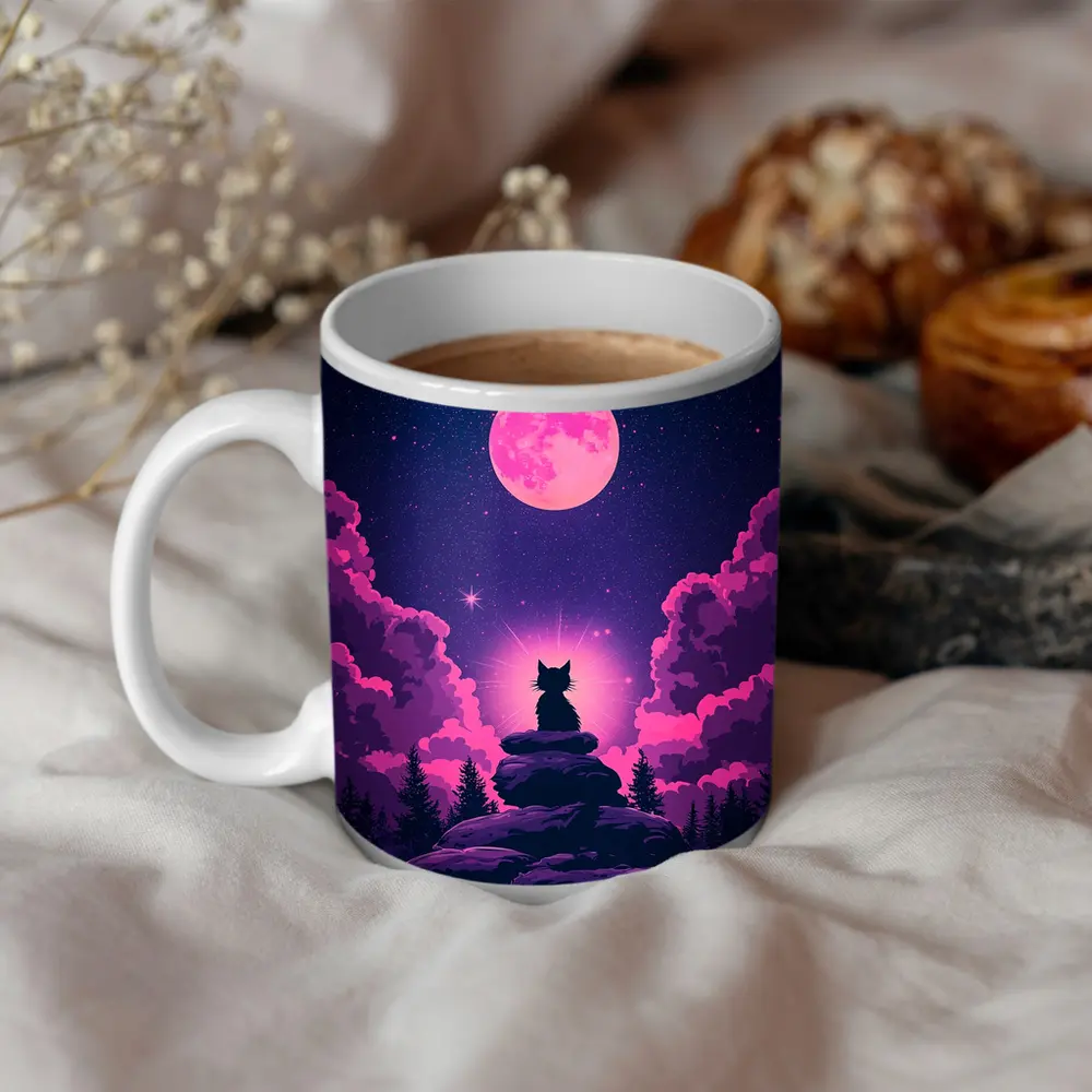 Cat Silhouette Pink Moon Night Sky – Mugs