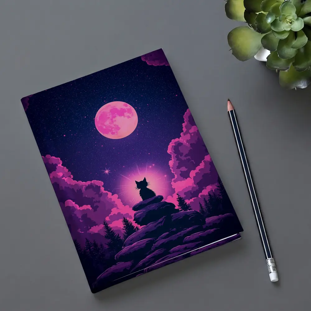 Cat Silhouette Pink Moon Night Sky – Notebooks