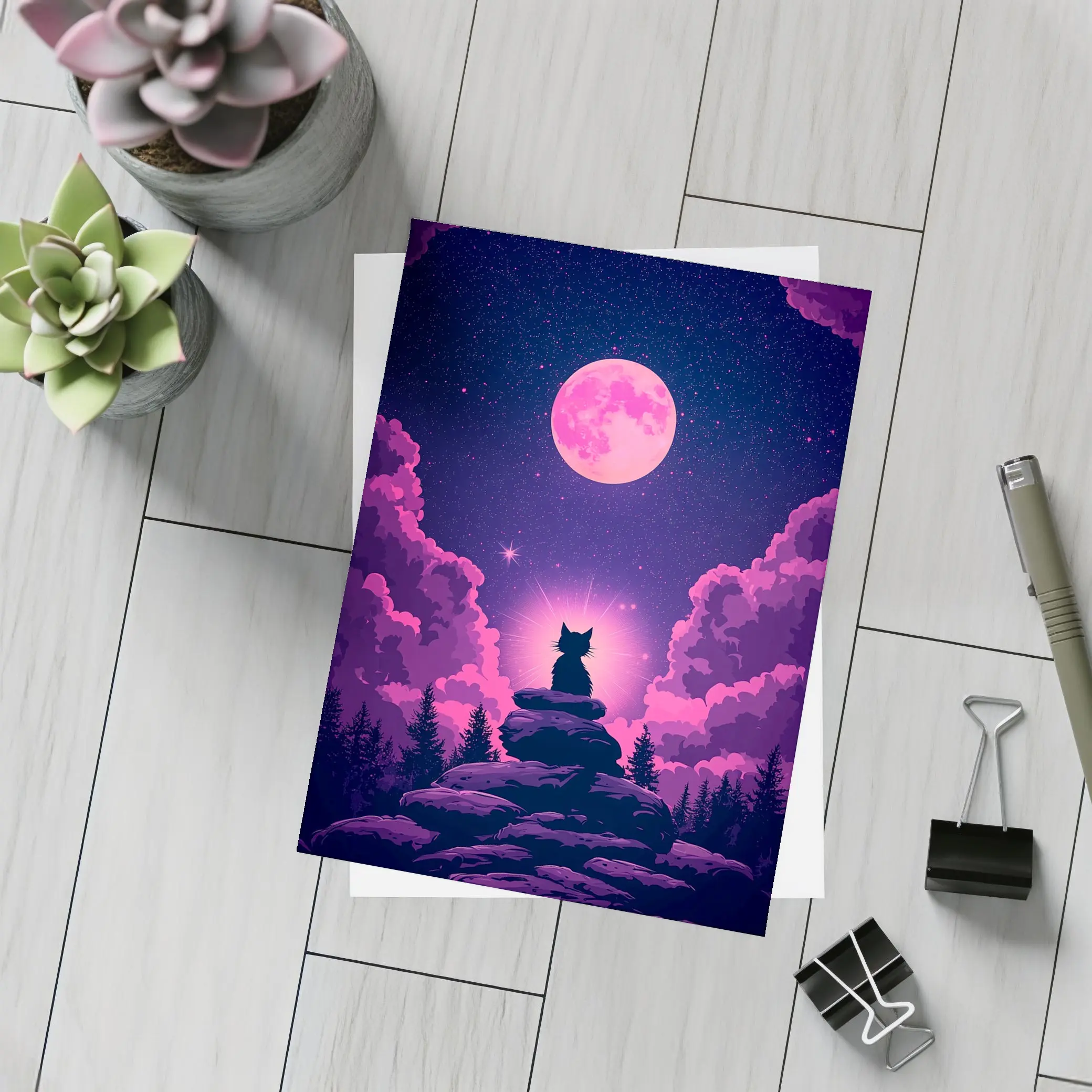 Cat Silhouette Pink Moon Night Sky – Postcards